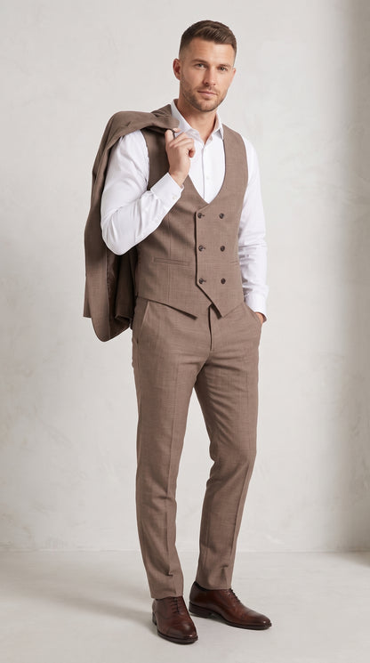 Men’s Dark Tan Mocha 3 Piece Wedding Suit, Double Breasted Vest Formal Groom and Groomsmen Suit