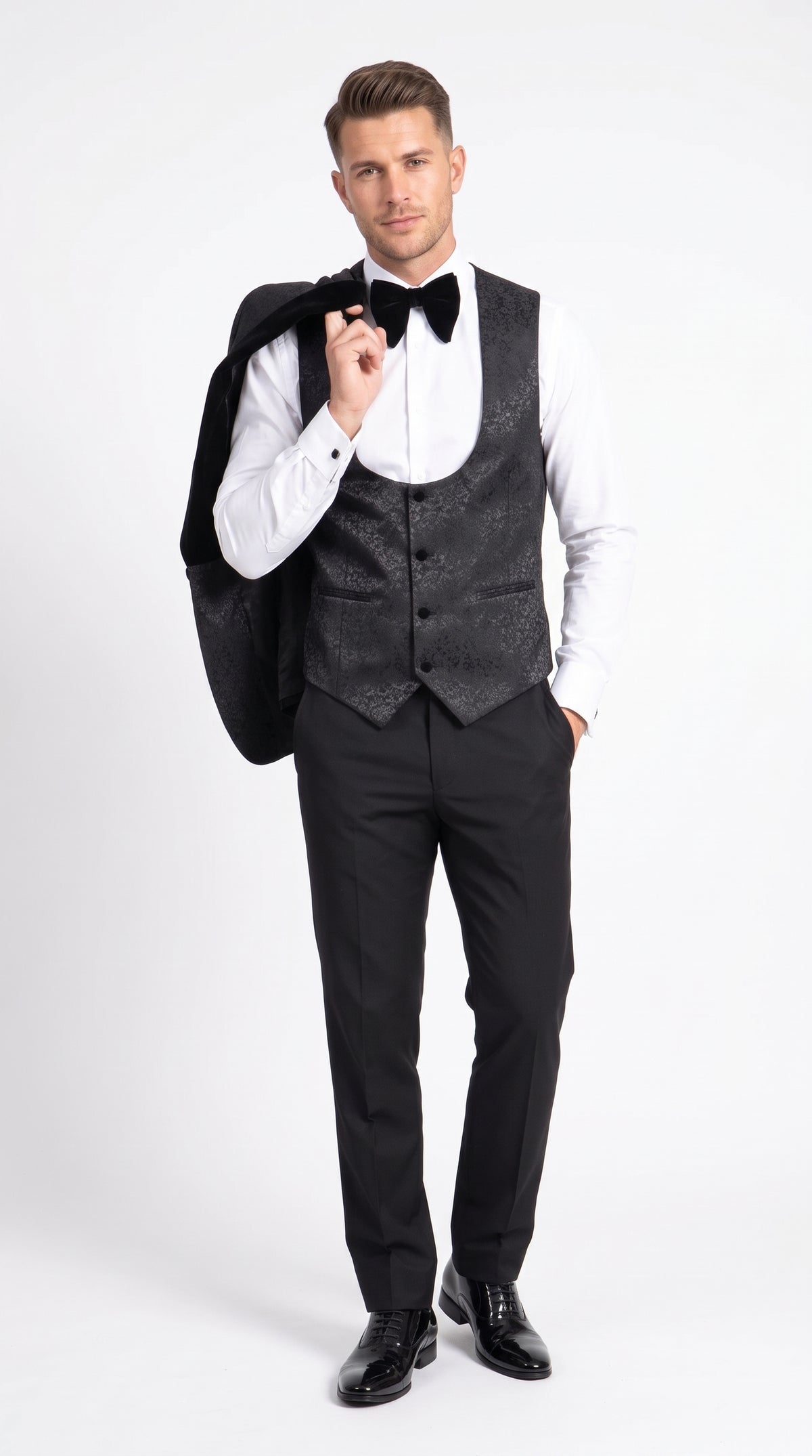 Rossi Man RM1446 Men’s Black Floral Jacquard 3 Piece Smoking Tuxedo Suit, Velvet Shawl Lapel Wedding Prom Suit