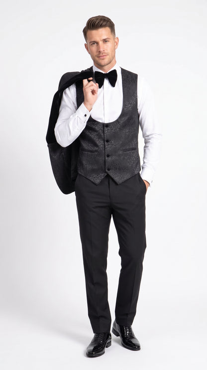 Rossi Man RM1446 Men’s Black Floral Jacquard 3 Piece Smoking Tuxedo Suit, Velvet Shawl Lapel Wedding Prom Suit