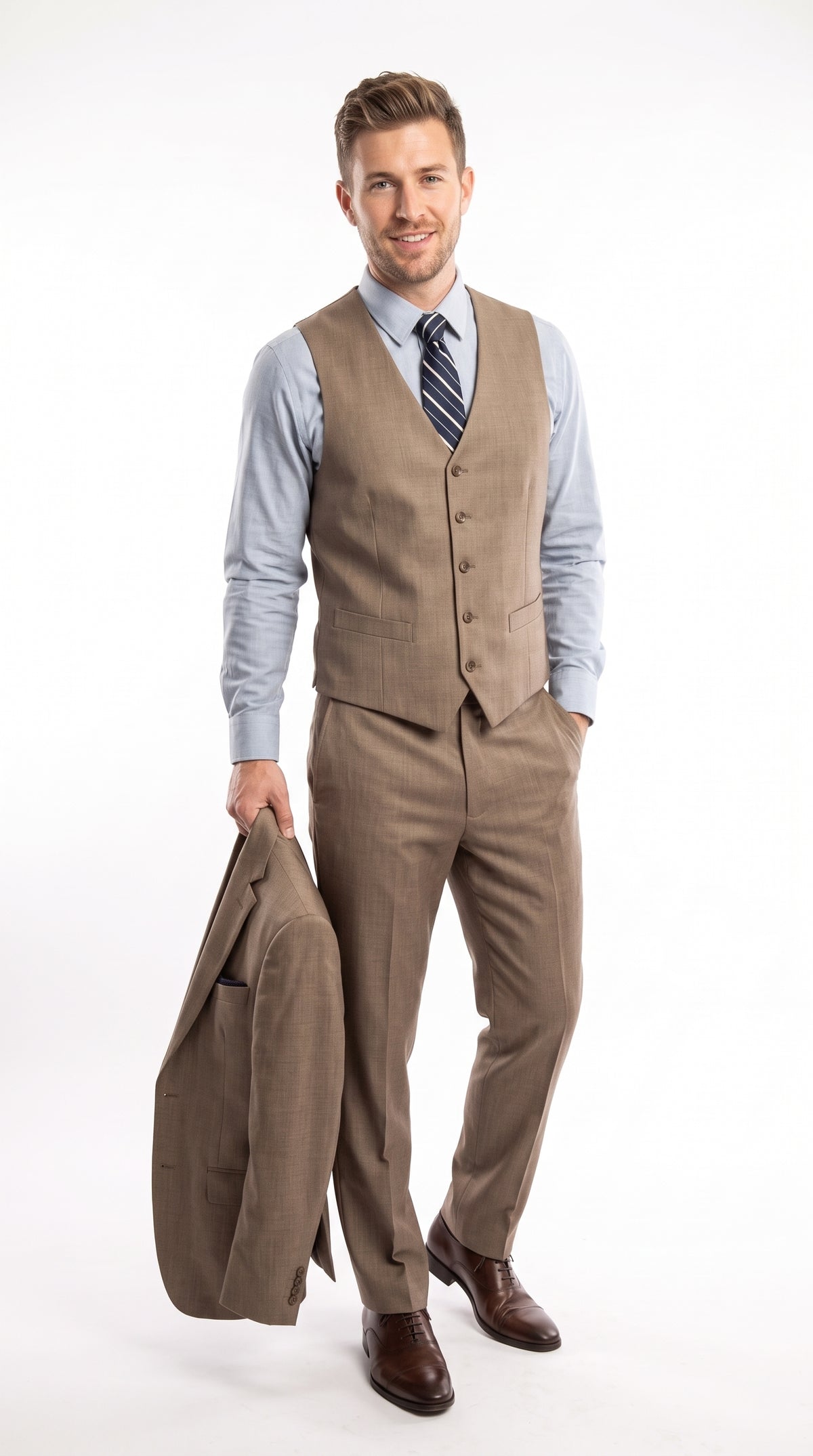Men’s Tan Classic Fit 3 Piece Suit, Two Button Formal Wedding Business Suit with Vest