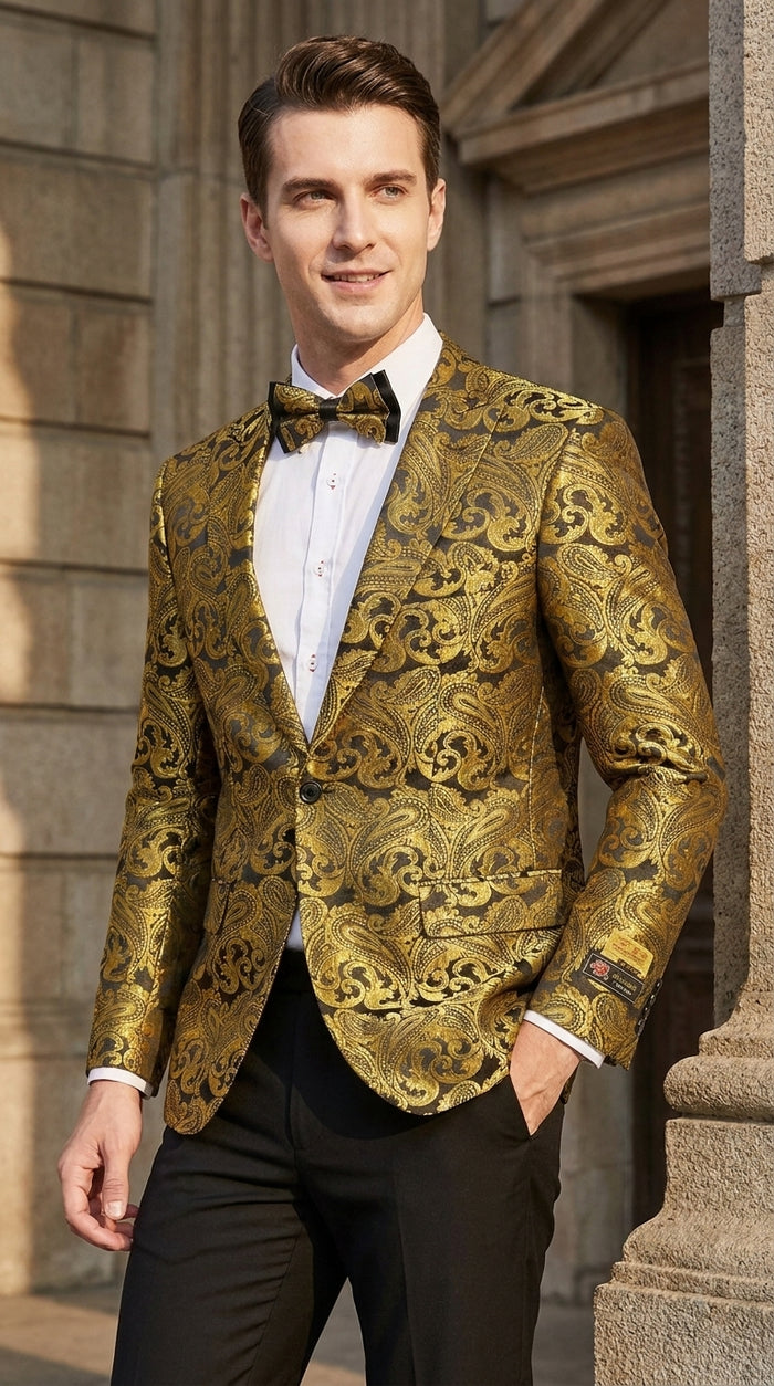 Men’s Gold Paisley Dinner Jacket Blazer – Fancy Formal Wedding Prom Party Tuxedo Jacket