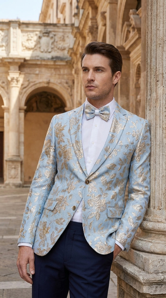 Men’s Sky Blue and Silver Foil Paisley Blazer, 2 Button Prom Wedding Party Dinner Jacket