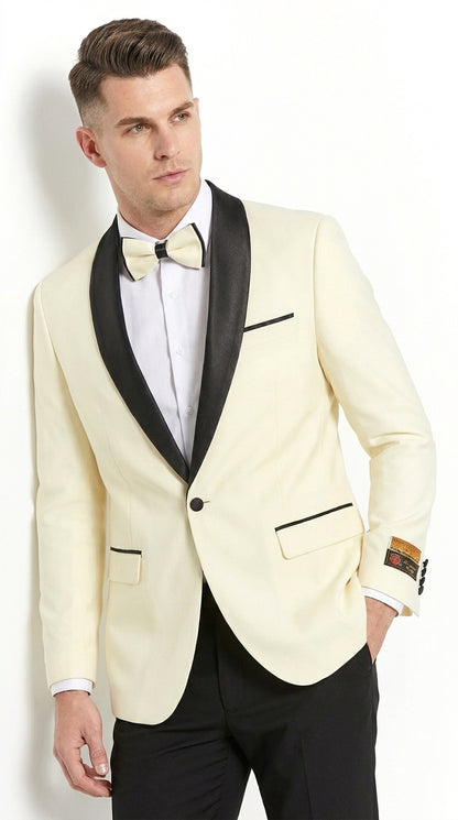Men’s Ivory Prom Tuxedo Dinner Jacket, Black Shawl Lapel Formal Wedding Blazer