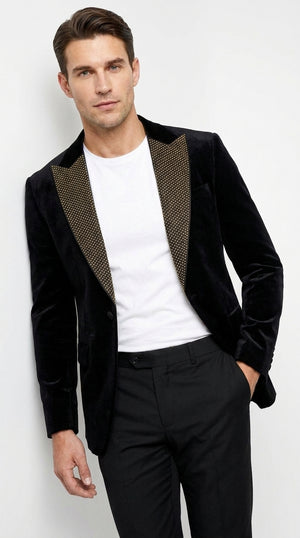 Men's Black Velvet Tuxedo Dinner Jacket – Gold Studded Peak Lapel Luxury Prom Blazer & Formal Party Sport Coat