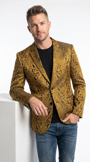 Men’s Black and Gold Paisley Party Blazer, Luxury Floral Jacquard Dinner Jacket for Weddings Prom and Formal Events