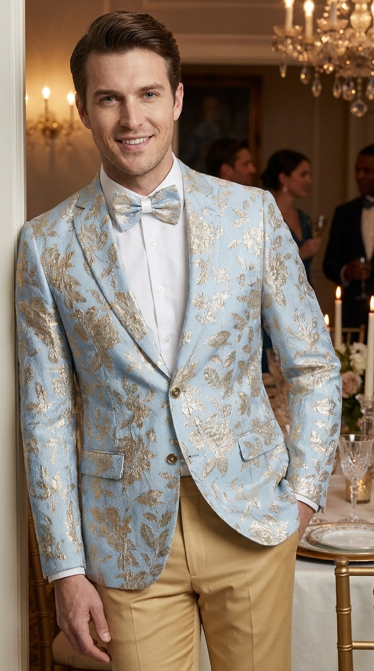 Men’s Sky Blue and Silver Foil Paisley Blazer, 2 Button Prom Wedding Party Dinner Jacket