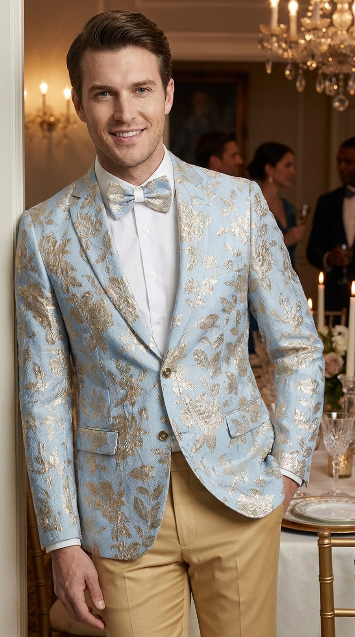 Men’s Sky Blue and Silver Foil Paisley Blazer, 2 Button Prom Wedding Party Dinner Jacket