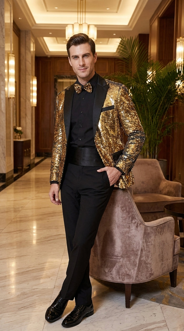 Men’s Gold and Black Sequin Tuxedo Jacket – Christmas, New Year, Prom and Party Dinner Blazer