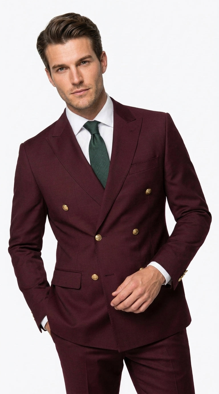 Men’s Burgundy Slim Fit Double Breasted Suit with Gold Buttons, Designer Formal Wedding Suit