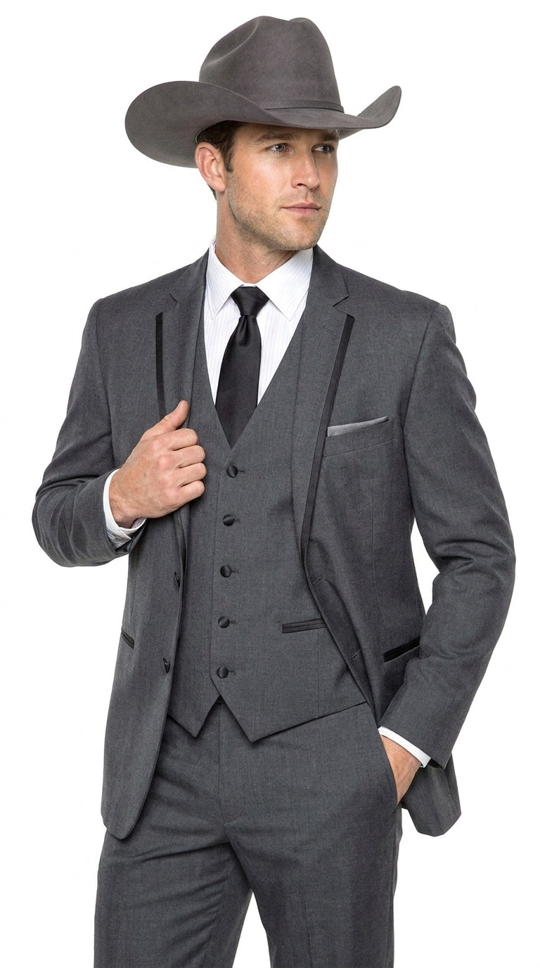 Men’s Charcoal Gray Western Tuxedo Suit, Cowboy Formal Trim Collar Jacket and Pants