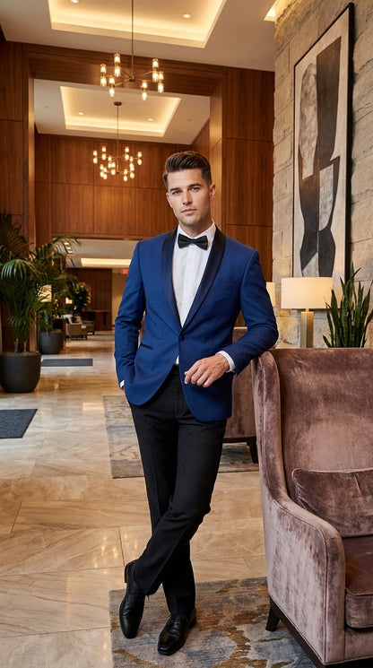 Men’s Royal Blue Dinner Jacket with Black Shawl Lapel – 1 Button Tuxedo Blazer