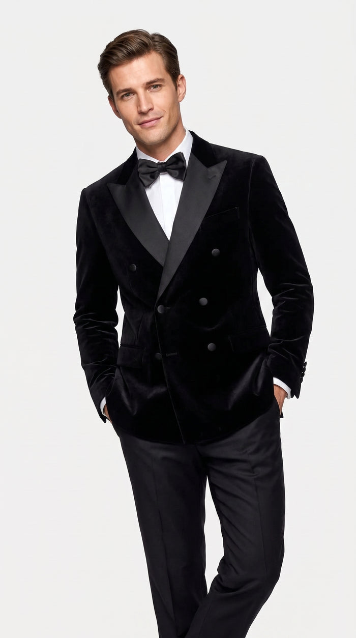 Men’s Black Velvet Double Breasted Tuxedo Blazer with Satin Peak Lapel, Formal Dinner Jacket