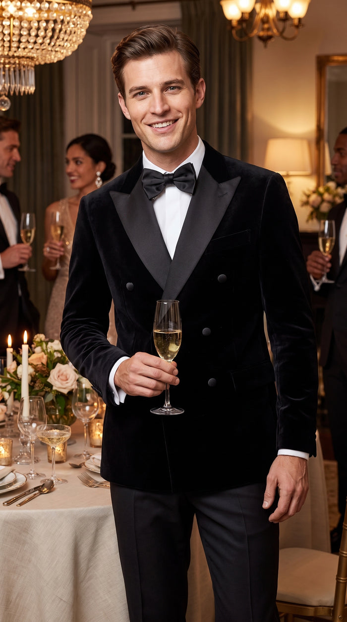 Men’s Black Velvet Double Breasted Tuxedo Blazer with Satin Peak Lapel, Formal Dinner Jacket