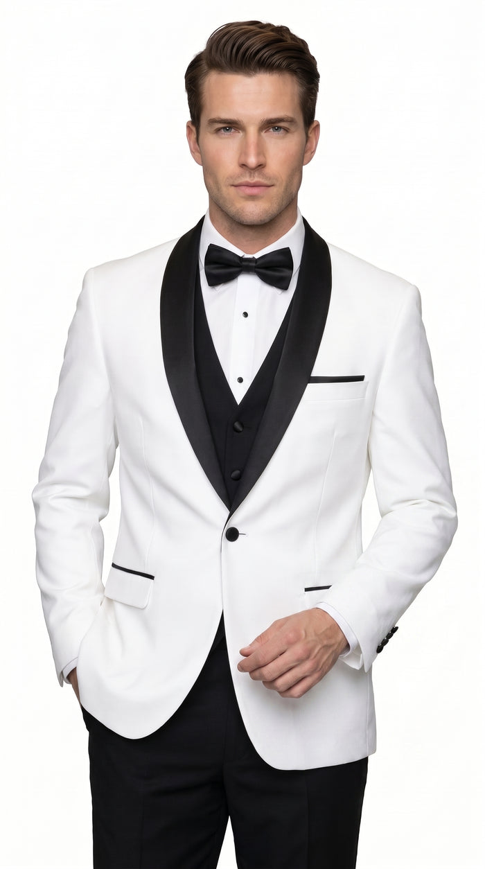 Men’s White and Black Shawl Lapel Dinner Jacket, 1 Button Wool Formal Tuxedo Blazer