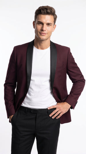 Men’s Burgundy Wool Dinner Jacket with Black Shawl Lapel, 1 Button Formal Tuxedo Blazer