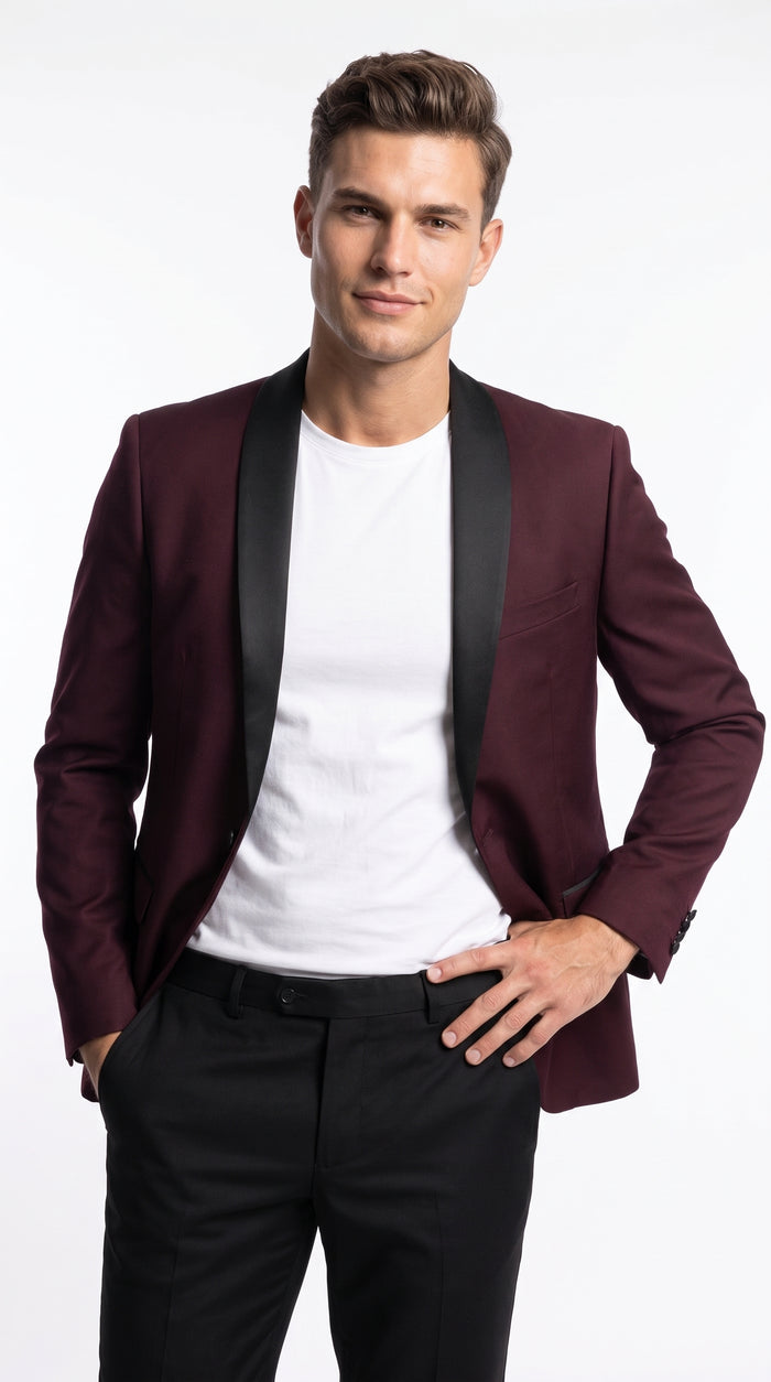 Men’s Burgundy Wool Dinner Jacket with Black Shawl Lapel, 1 Button Formal Tuxedo Blazer