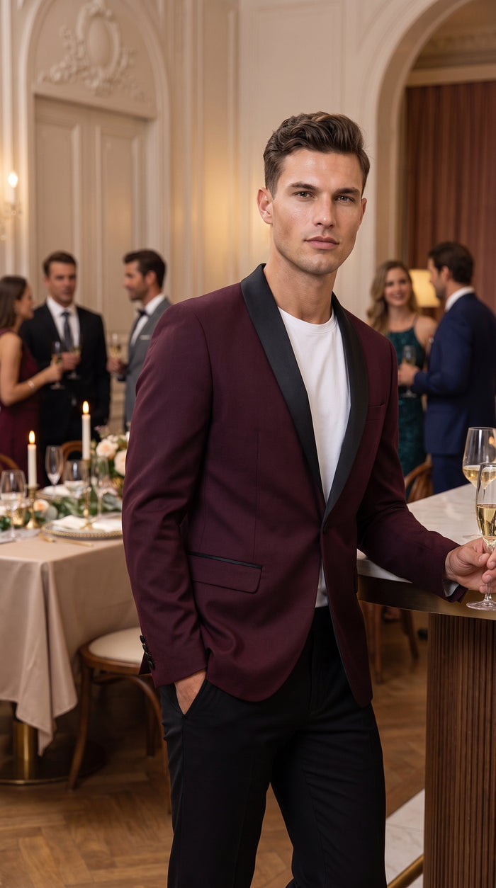 Men’s Burgundy Wool Dinner Jacket with Black Shawl Lapel, 1 Button Formal Tuxedo Blazer