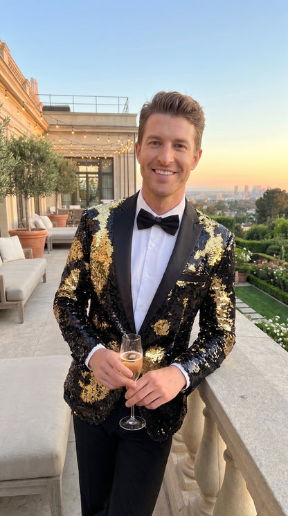 Men’s Black and Gold Reversible Sequin Blazer, Formal Party Dinner Jacket for Prom and Stage Events