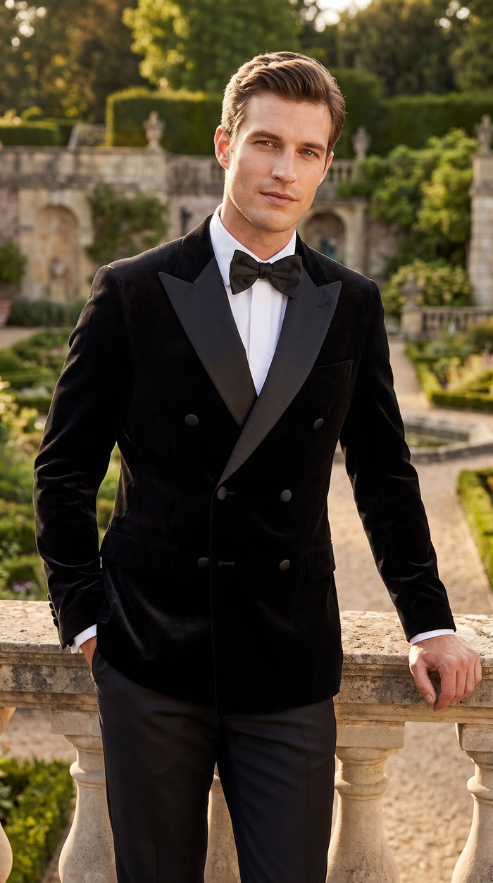 Men’s Black Velvet Double Breasted Tuxedo Blazer with Satin Peak Lapel, Formal Dinner Jacket