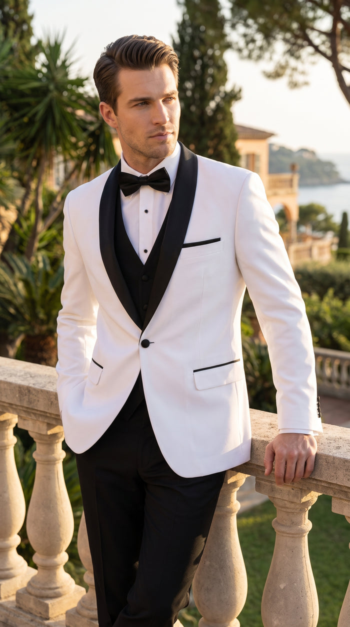 Men’s White and Black Shawl Lapel Dinner Jacket, 1 Button Wool Formal Tuxedo Blazer