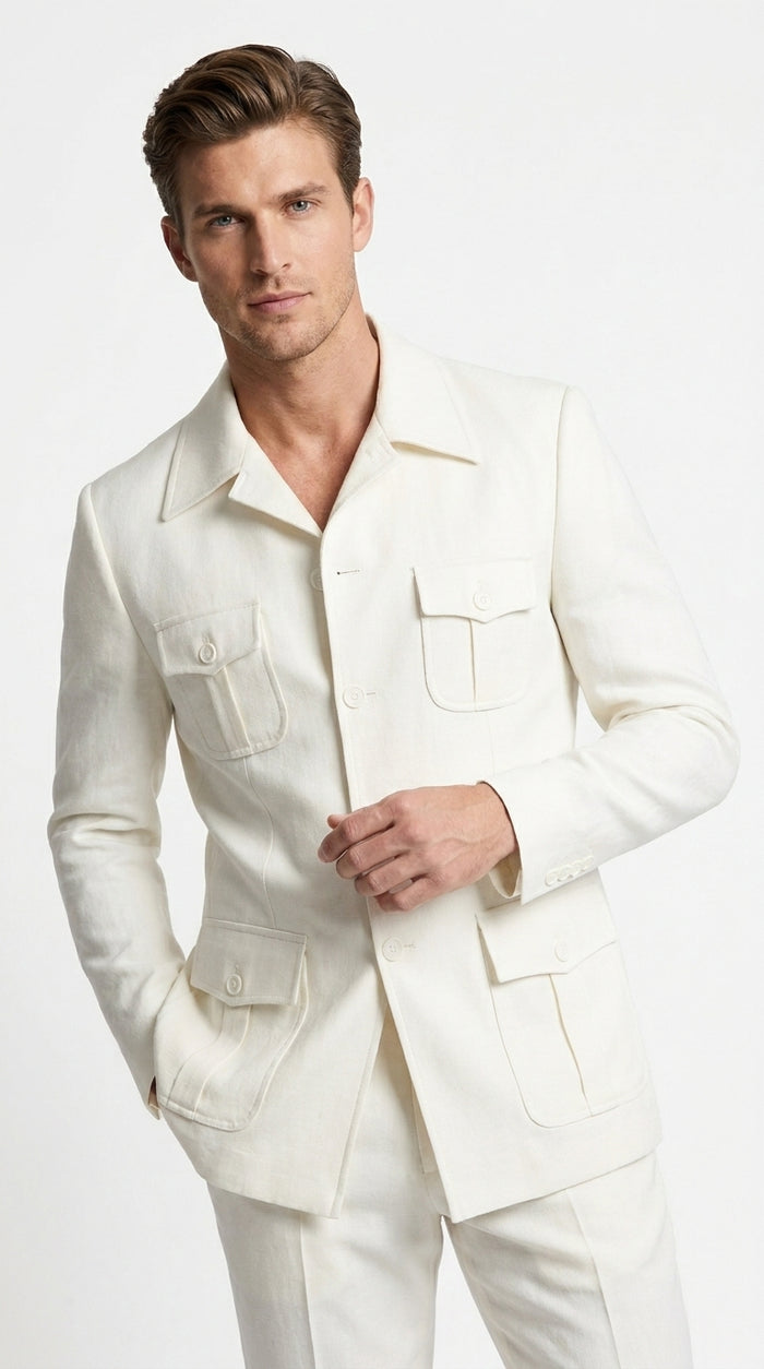 Men’s Off White Casual Safari Suit BP8102, Pocket Front Shirt Jacket and Pants Set