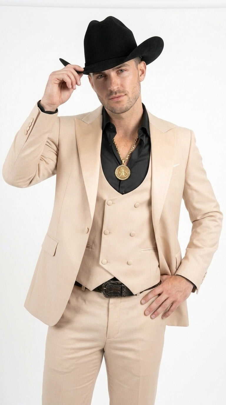 Men’s Light Beige Western 3 Piece Suit, Cowboy Tuxedo with Shawl Lapel