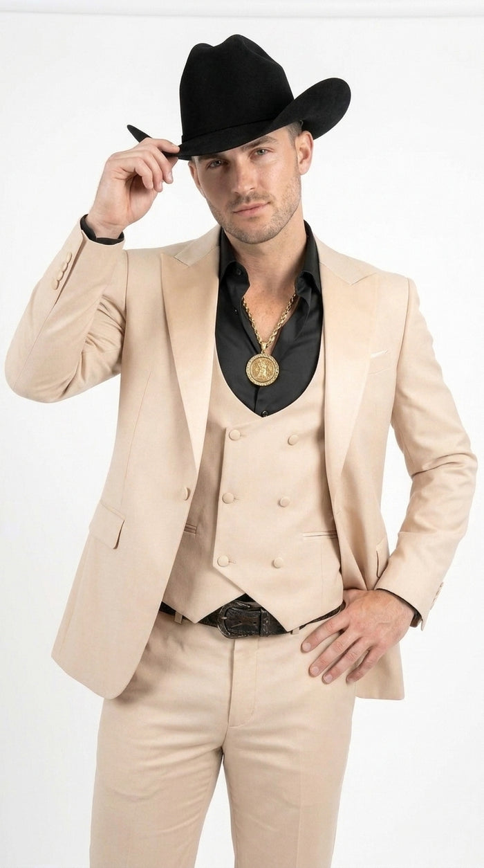 Men’s Light Beige Western 3 Piece Suit, Cowboy Tuxedo with Shawl Lapel
