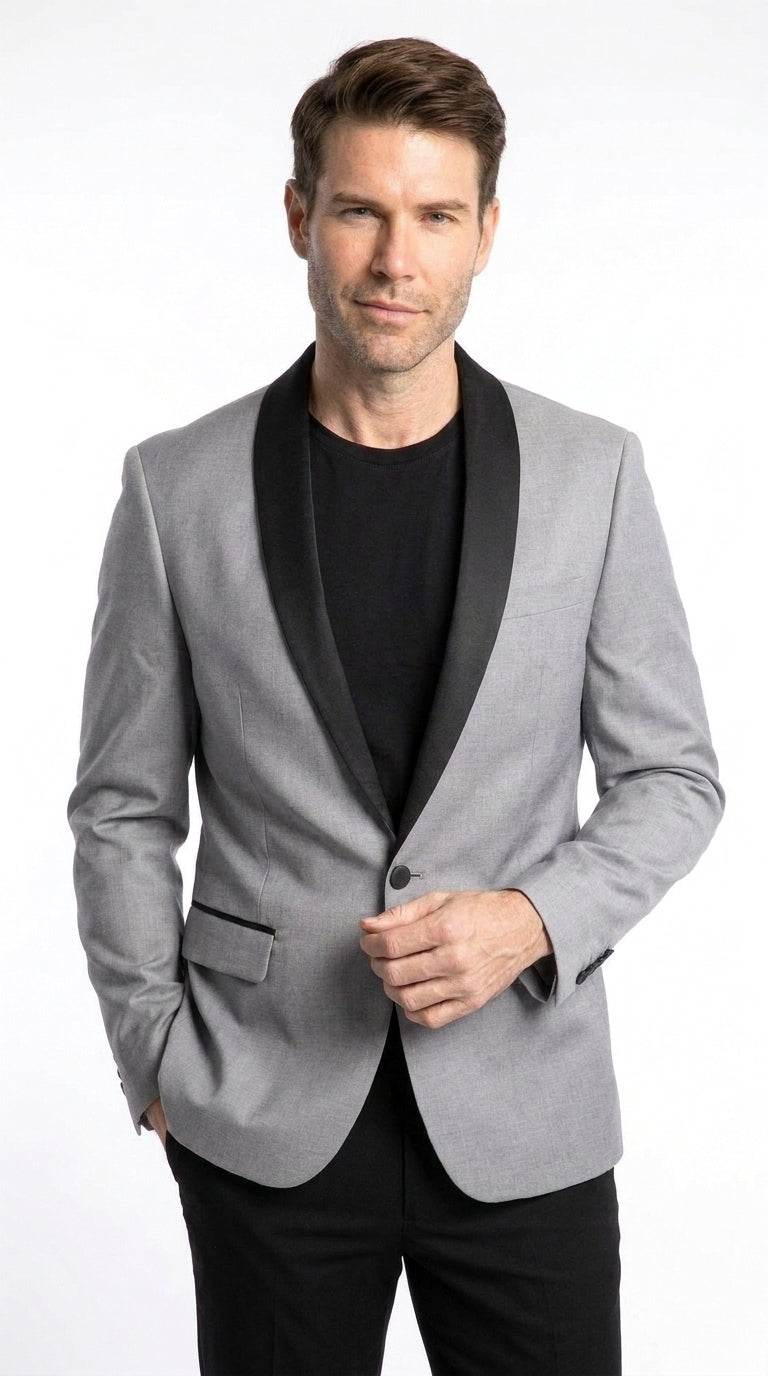 Men’s Light Grey Wool Dinner Jacket, 1 Button Black Shawl Lapel Formal Tuxedo Blazer