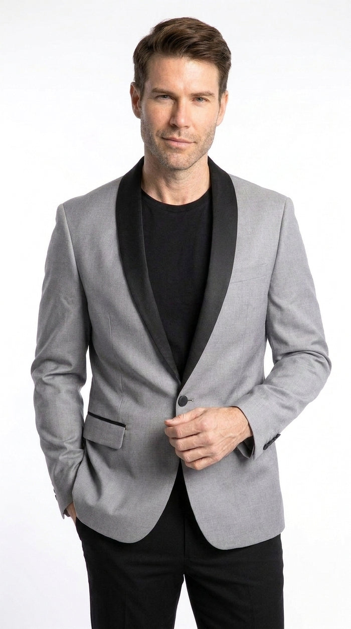 Men’s Light Grey Wool Dinner Jacket, 1 Button Black Shawl Lapel Formal Tuxedo Blazer