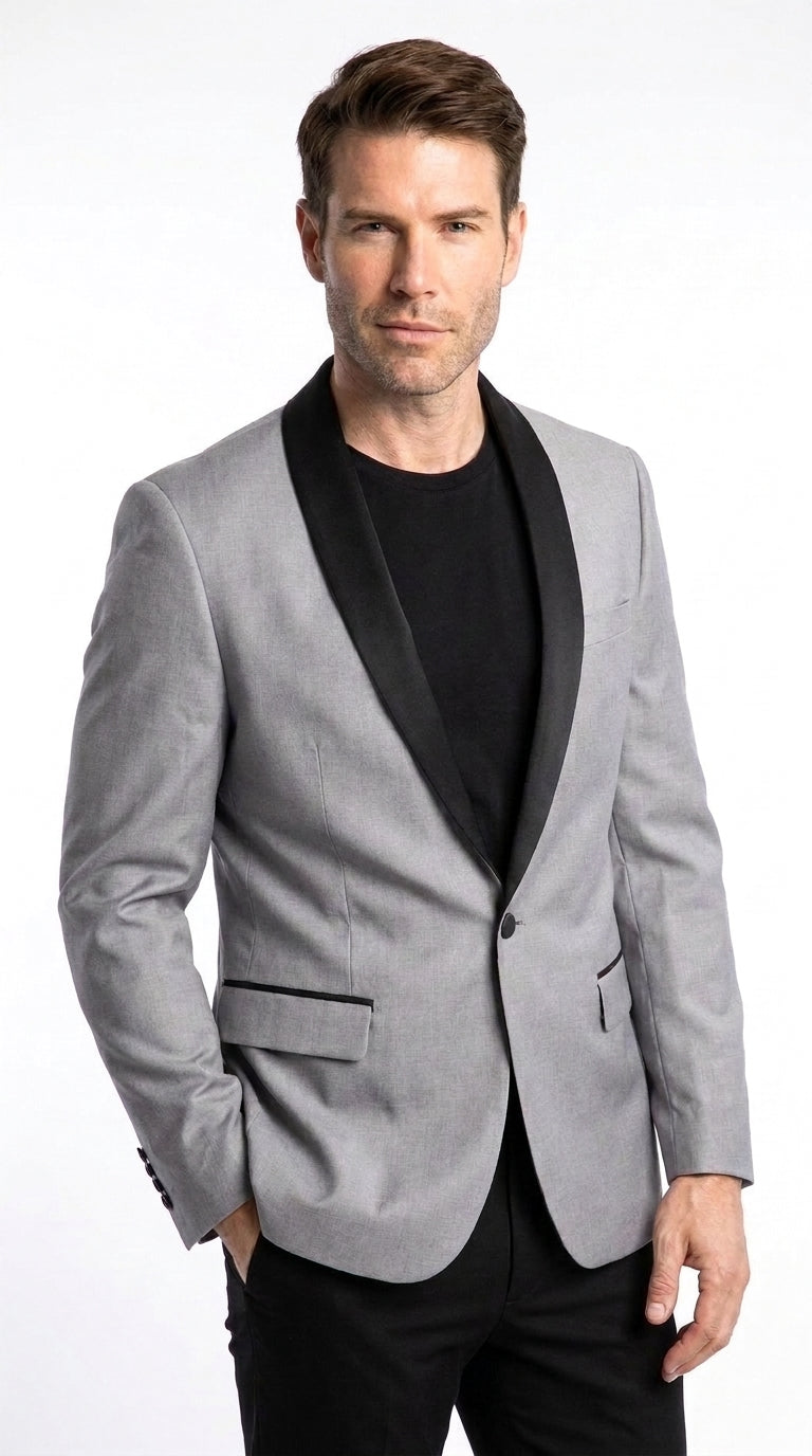 Men’s Light Grey Wool Dinner Jacket, 1 Button Black Shawl Lapel Formal Tuxedo Blazer