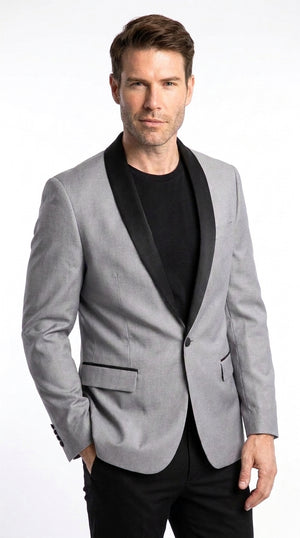 Men’s Light Grey Wool Dinner Jacket, 1 Button Black Shawl Lapel Formal Tuxedo Blazer