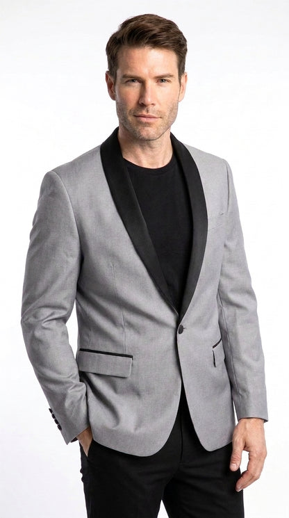 Men’s Light Grey Wool Dinner Jacket, 1 Button Black Shawl Lapel Formal Tuxedo Blazer