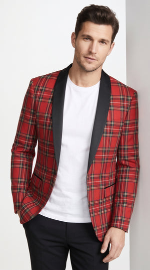 Men's Red Tartan Plaid Tuxedo Dinner Jacket – Black Shawl Lapel Christmas Holiday Blazer for Weddings, Prom & Formal Parties