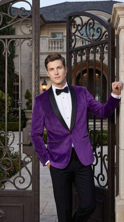 Men’s Purple Velvet Tuxedo Dinner Jacket – One Button Black Shawl Lapel Formal Blazer for Prom, Wedding and Party