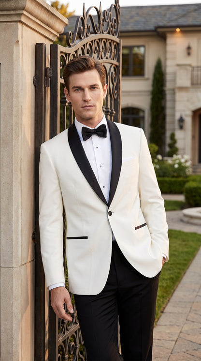 Men’s Cream and Black Shawl Lapel Tuxedo Jacket, Designer Formal Dinner Blazer