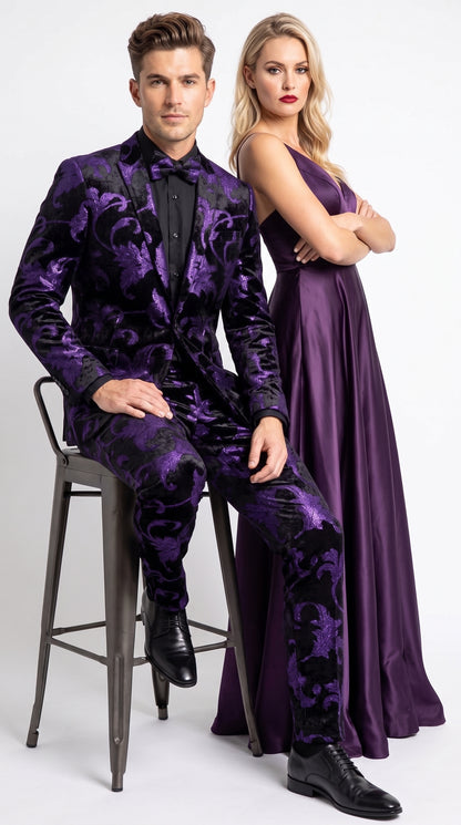 Men’s Purple and Black Paisley Tuxedo Suit – Mardi Gras Dinner Jacket with Matching Pants