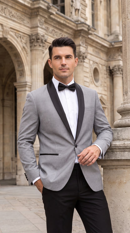 Men’s Light Grey Dinner Jacket with Black Shawl Lapel – 1 Button Tuxedo Blazer