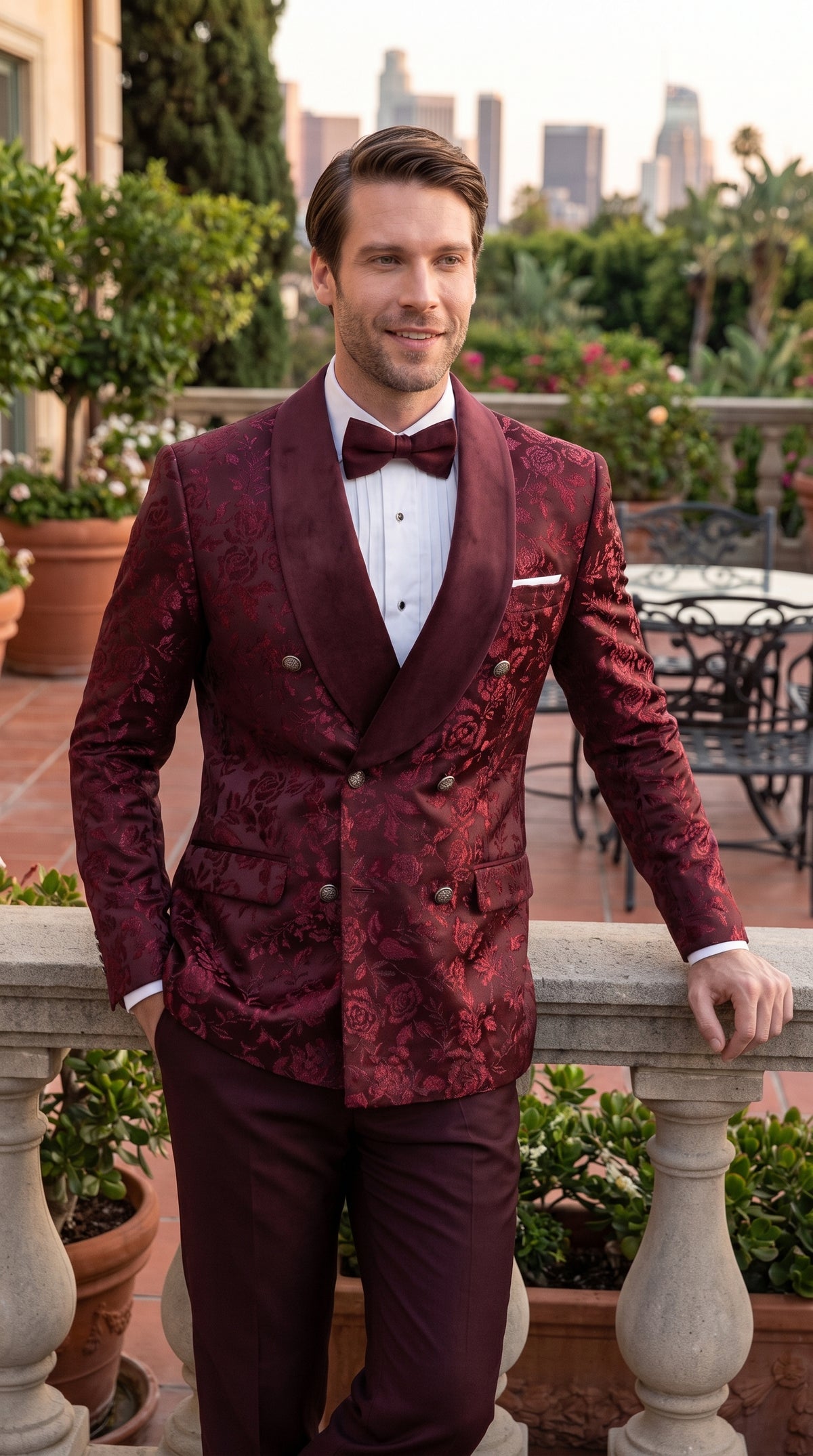 Men’s Burgundy Floral Jacquard Tuxedo Dinner Jacket, Paisley Velvet Lapel Formal Wedding Prom Blazer