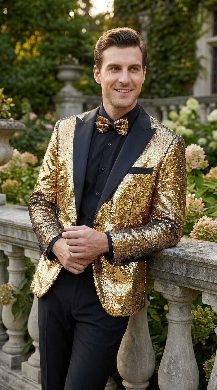 Men’s Gold and Black Sequin Tuxedo Jacket – Christmas, New Year, Prom and Party Dinner Blazer