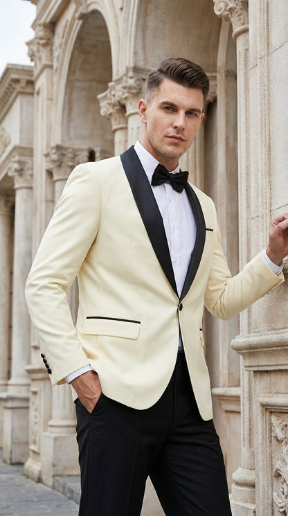 Men’s Ivory Prom Tuxedo Dinner Jacket, Black Shawl Lapel Formal Wedding Blazer