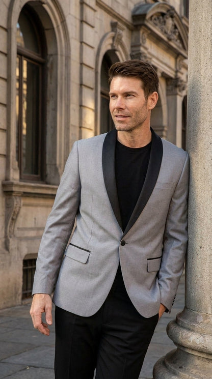 Men’s Light Grey Wool Dinner Jacket, 1 Button Black Shawl Lapel Formal Tuxedo Blazer