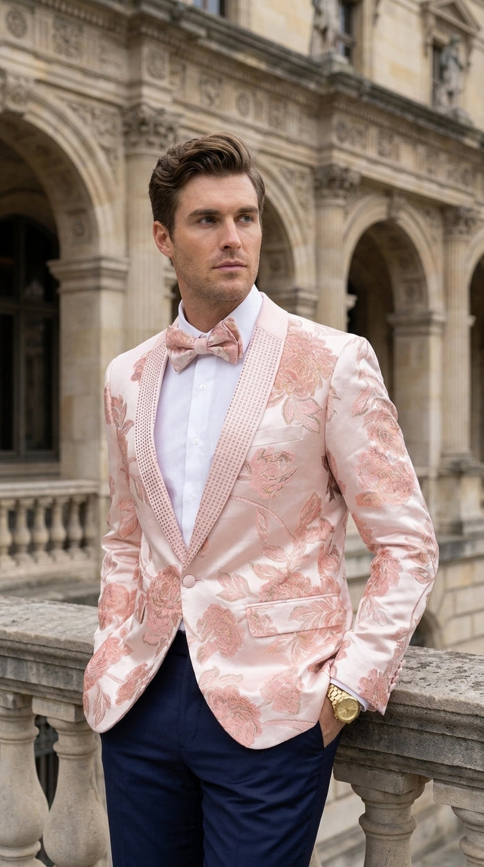 Men’s Pink Satin Paisley Prom Tuxedo Dinner Jacket, Floral Sport Coat Wedding Party Blazer