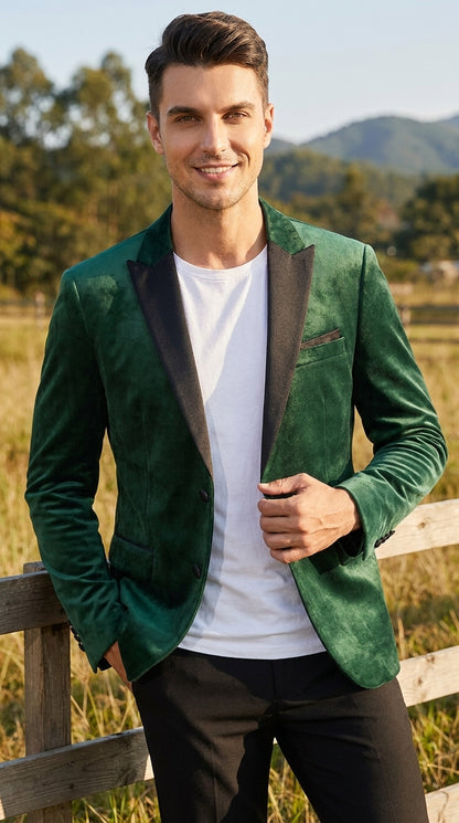 Men’s Hunter Green Velvet Prom Blazer Tuxedo Jacket with Black Peak Lapel