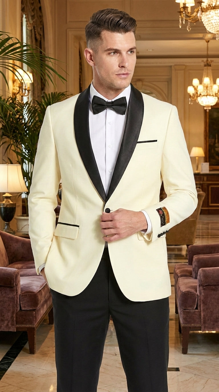 Men’s Ivory Prom Tuxedo Dinner Jacket, Black Shawl Lapel Formal Wedding Blazer