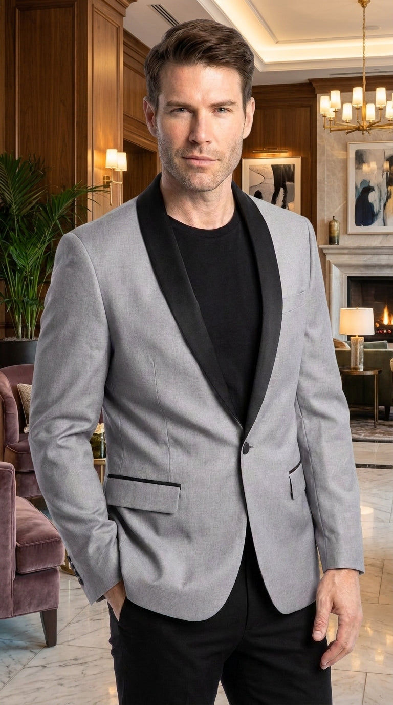 Men’s Light Grey Wool Dinner Jacket, 1 Button Black Shawl Lapel Formal Tuxedo Blazer