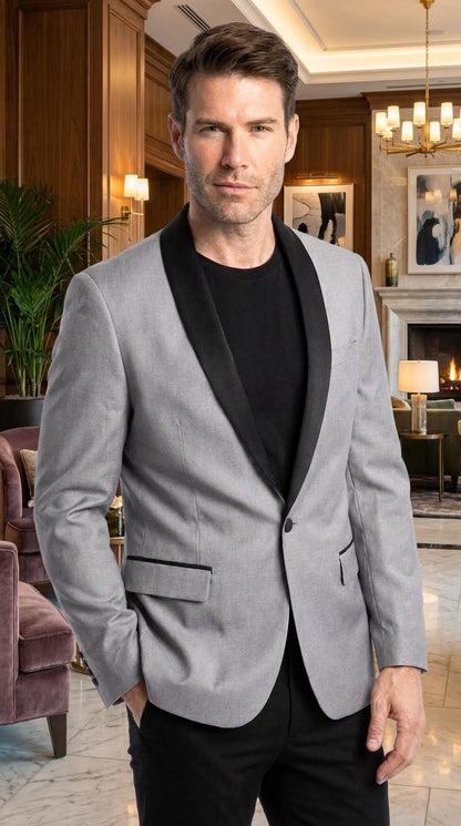 Men’s Light Grey Wool Dinner Jacket, 1 Button Black Shawl Lapel Formal Tuxedo Blazer