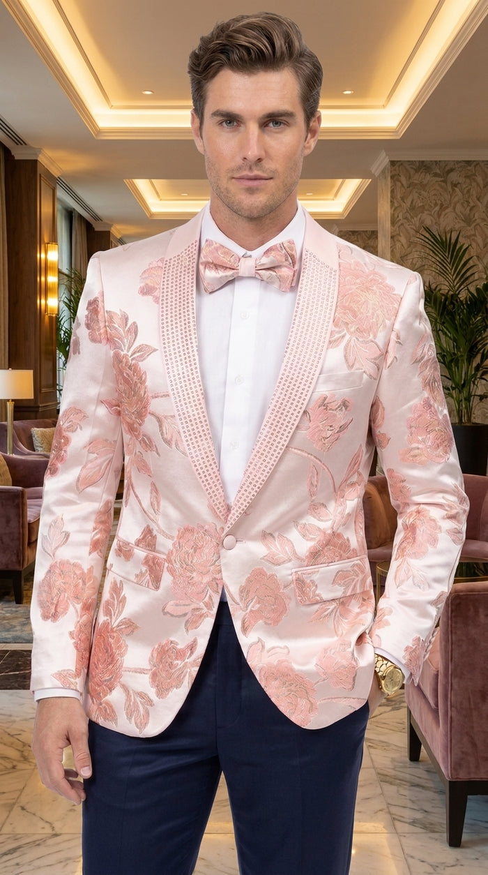 Men’s Pink Satin Paisley Prom Tuxedo Dinner Jacket, Floral Sport Coat Wedding Party Blazer