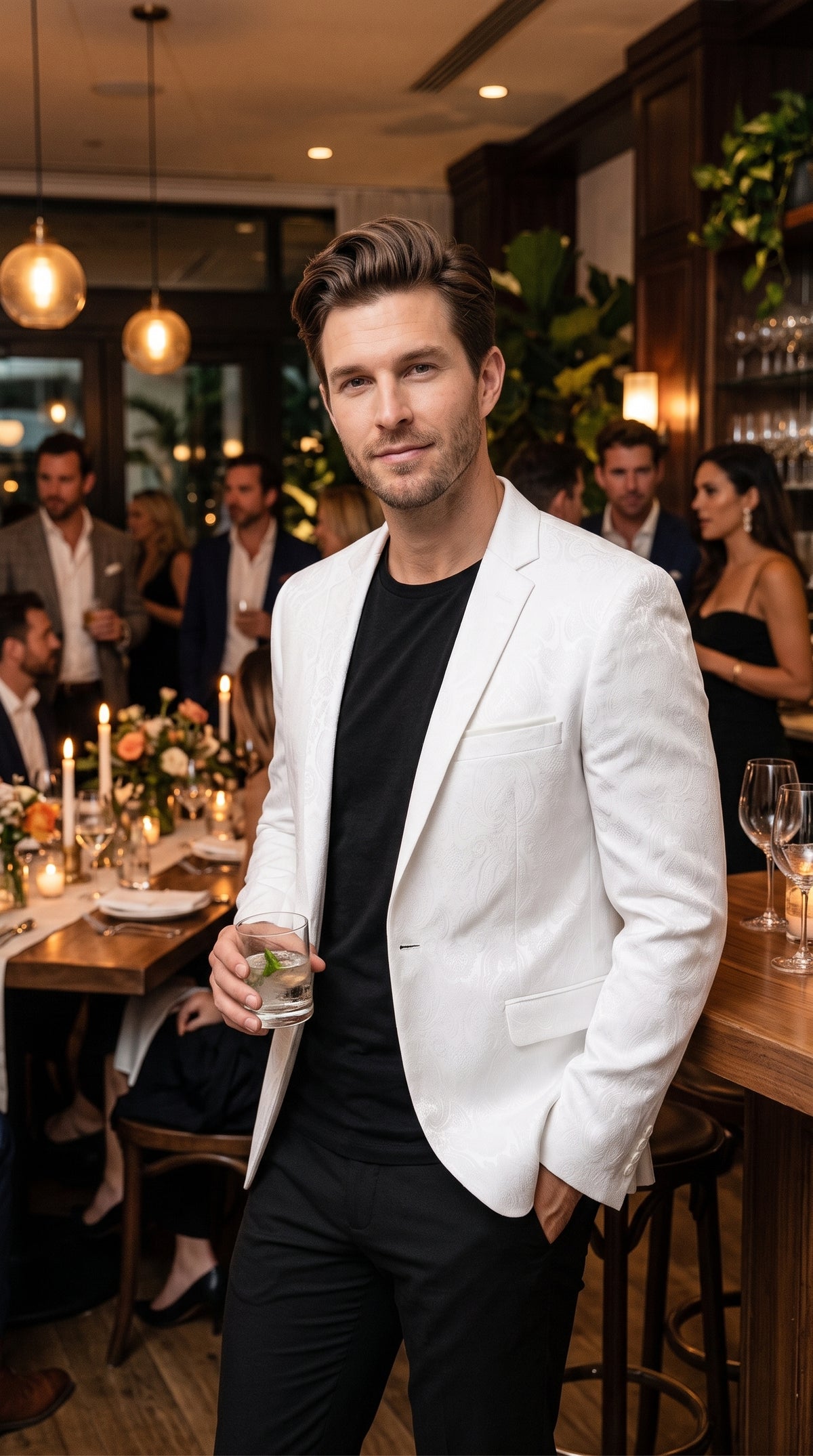 Men’s White Paisley Blazer, Formal Wedding Prom Dinner Jacket with Elegant Jacquard Pattern