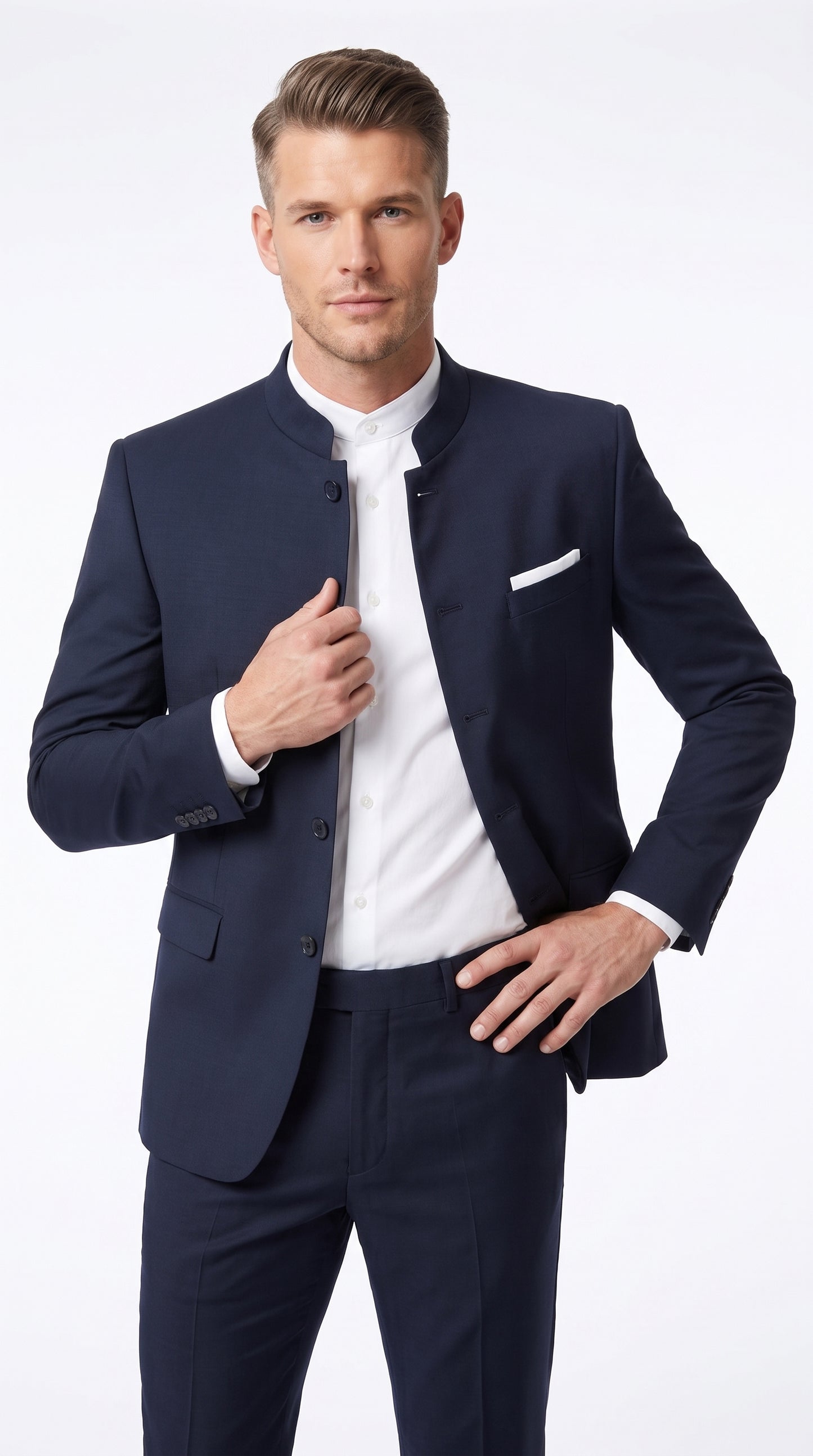 Men’s Dark Navy Blue Mandarin Collar Suit, Banded Collar Formal Wedding Business Dress Suit