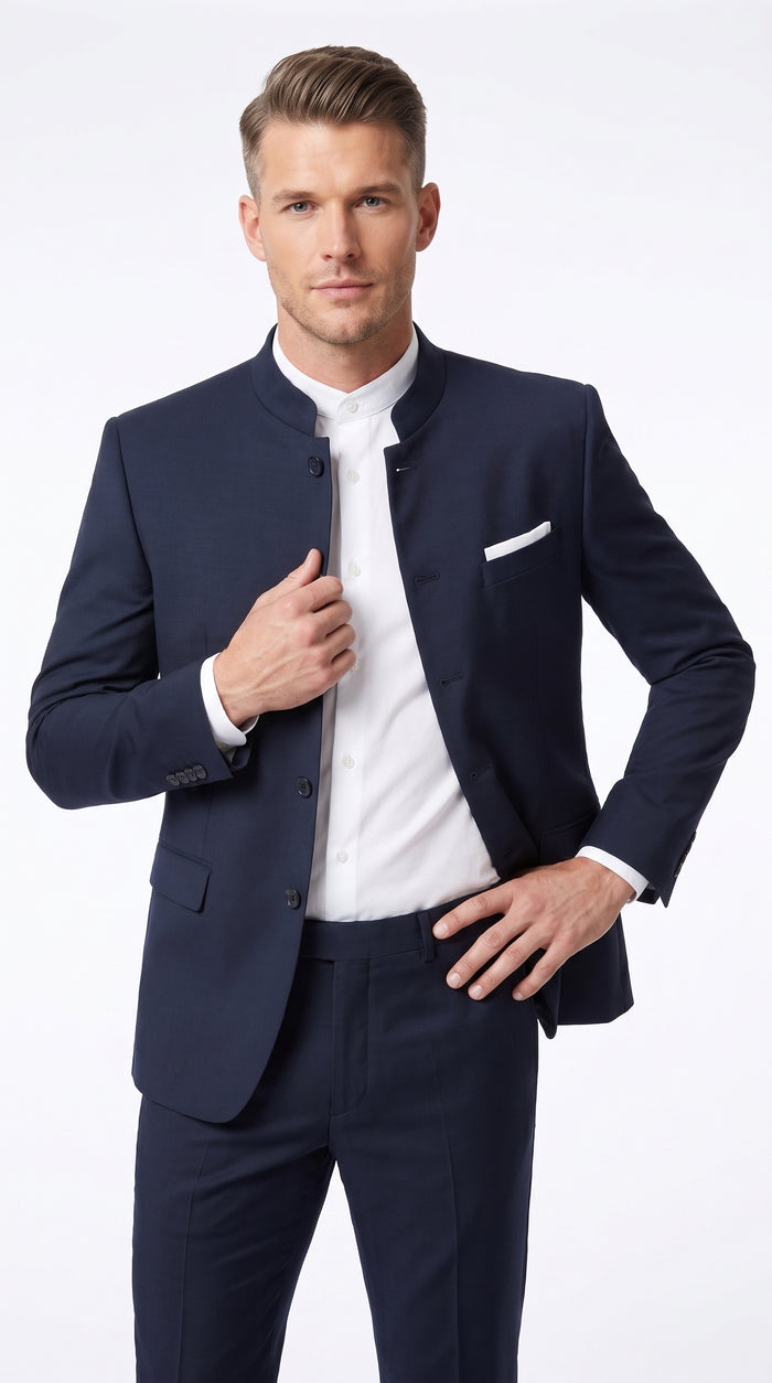 Men’s Dark Navy Blue Mandarin Collar Suit, Banded Collar Formal Wedding Business Dress Suit